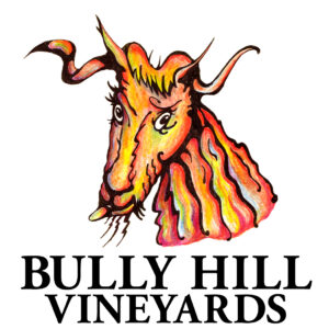 A drawing of a bull head with the words bully hill vineyards written underneath.
